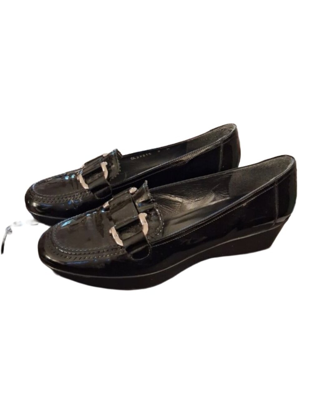 Stuart Weitzman Patent Leather Wedge Loafers with Silver Buckle Vintage, Size 9